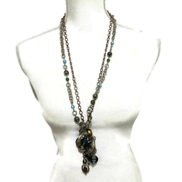 Double Chain Long Statement Necklace Copper Silver Tone - Picture 7 of 7